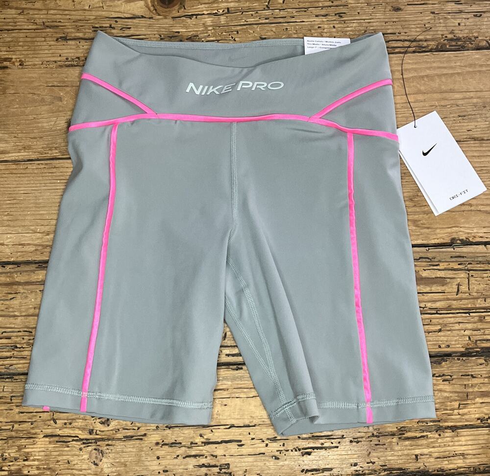 Nike Pro Womens Size S Grey Pink Mid Rise Tight Fit 7’’ Length Shorts NWT